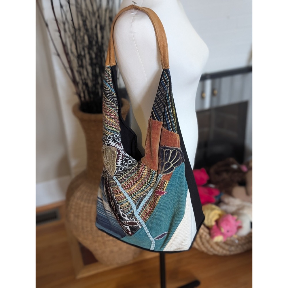 Coldwater Creek Maywine Patchwork Hobo Bag Velvet Corduroy Tapestry Leather...
